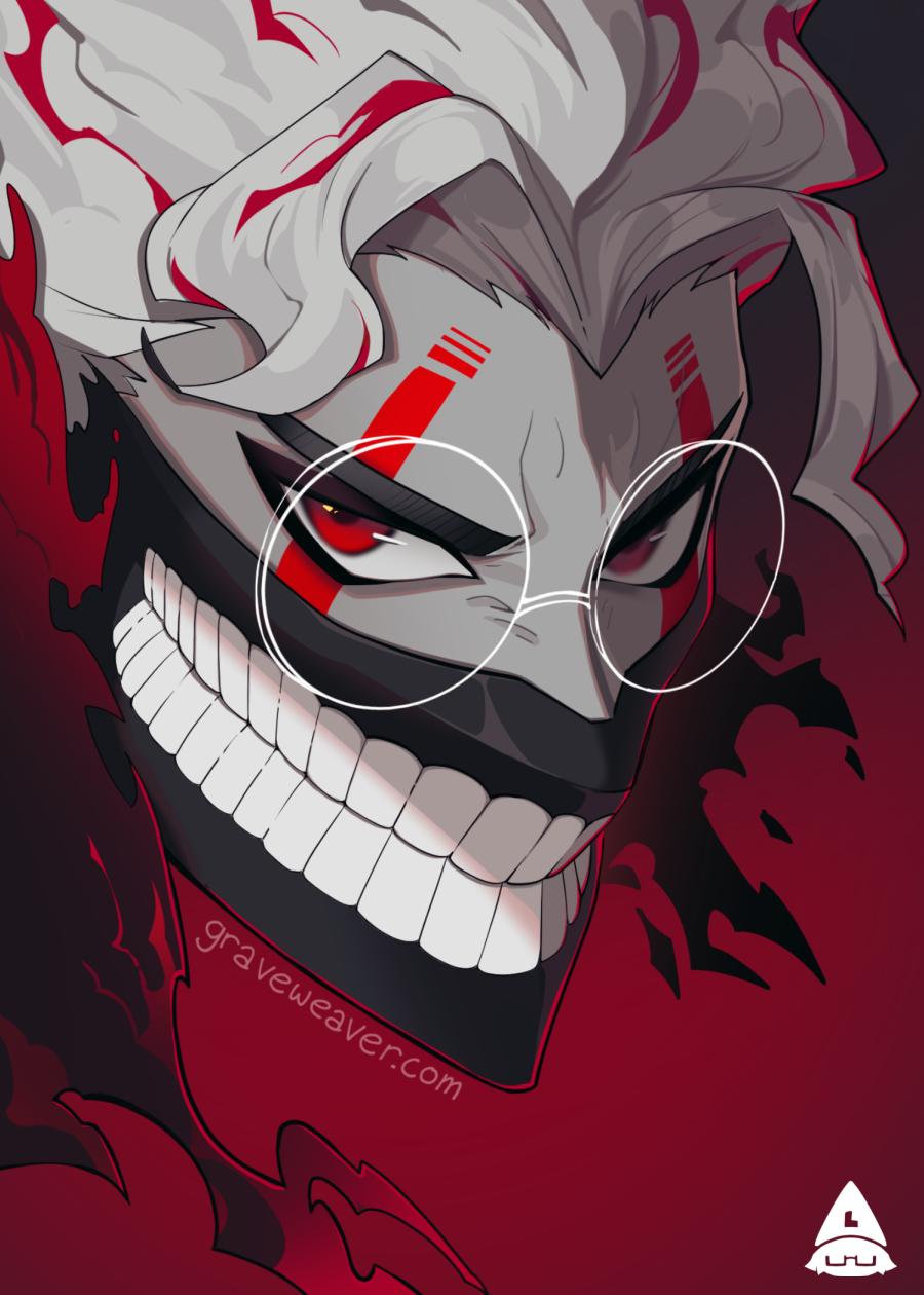 1boy, clenched_teeth, colored_skin, dandadan, english_commentary, facial_mark, glasses, gradient_background