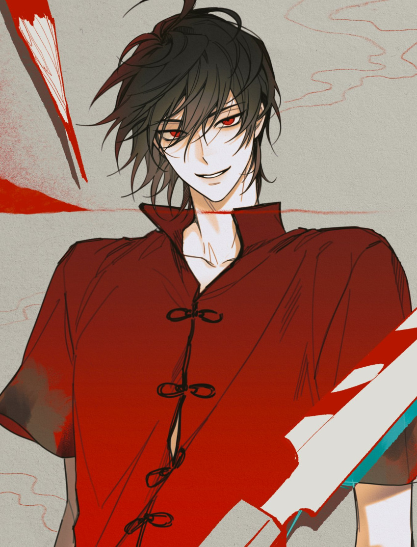1boy, black_hair, daiba_shizuma, grey_background, hair_between_eyes, highres, knife, looking_at_viewer