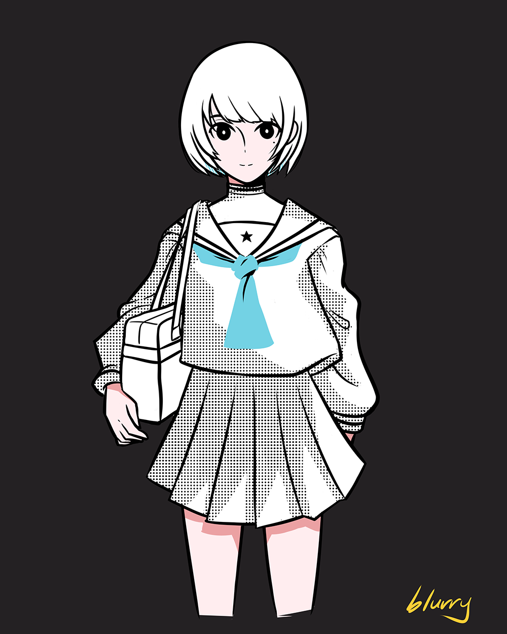 1girl, arm_at_side, artist_name, bag, black_background, black_eyes, blue_neckerchief, blurryken, highres, kako_ni_torawareteiru_(tuyu), mole, mole_under_eye, neckerchief, school_bag, school_uniform, short_hair, solo, standing, white_hair