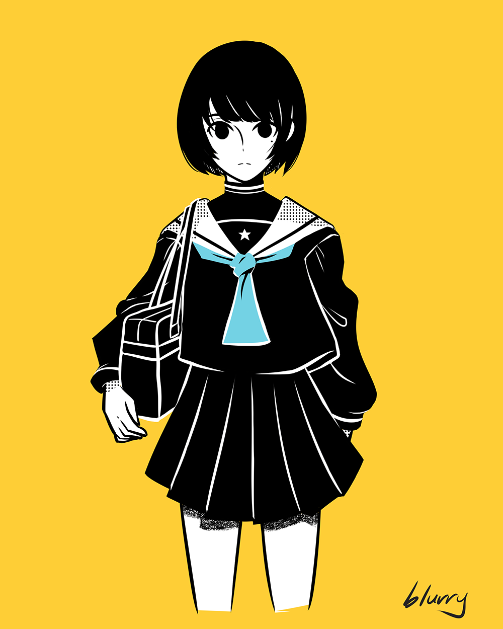 1girl, arm_at_side, artist_name, black_eyes, black_hair, black_skirt, blue_neckerchief, blurryken, highres, kako_ni_torawareteiru_(tuyu), long_sleeves, looking_at_viewer, neckerchief, school_uniform, skirt, solo, standing, yellow_background