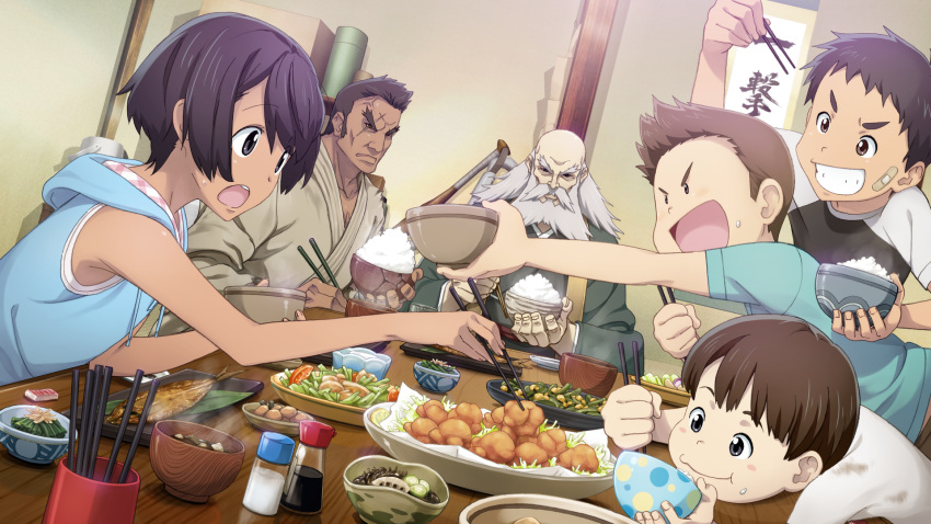 1girl, 5boys, adam's_apple, balding, black_hair, black_shirt, blue_hood, bob_cut