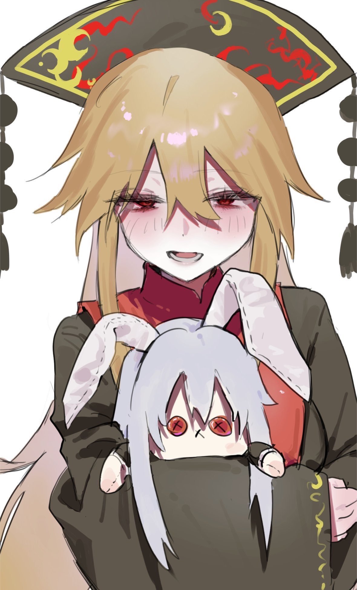 1girl, animal_ears, black_dress, black_hat, black_jacket, blonde_hair, blush, button_eyes