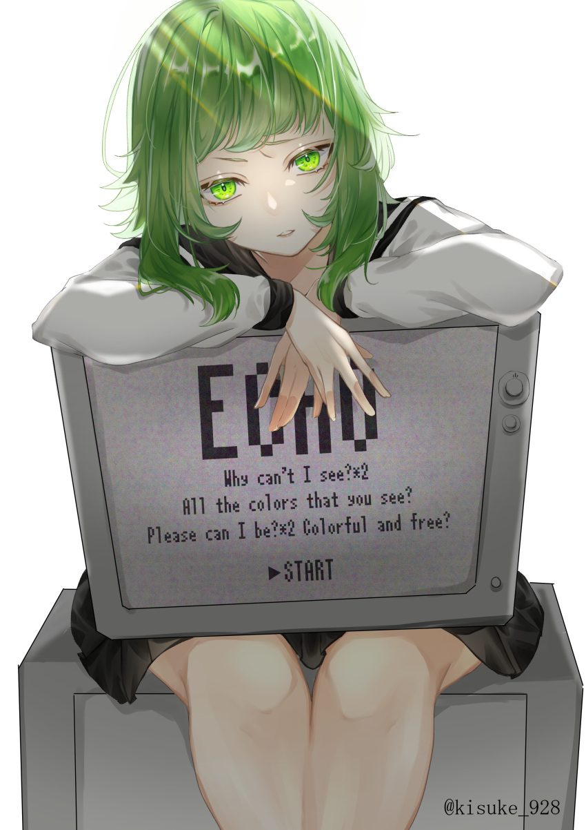 1girl, absurdres, black_skirt, blue_sailor_collar, echo_(vocaloid), green_eyes, green_hair, gumi, highres, kisuke_(nie), long_sleeves, medium_hair, object_on_lap, parted_lips, sailor_collar, school_uniform, shirt, simple_background, sitting, skirt, solo, television, twitter_username, vocaloid, white_background, white_shirt