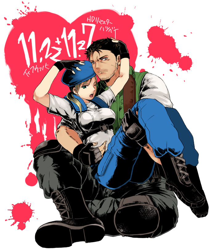 1boy, 1girl, beard_stubble, beret, black_boots, black_gloves, black_hair, blonde_hair