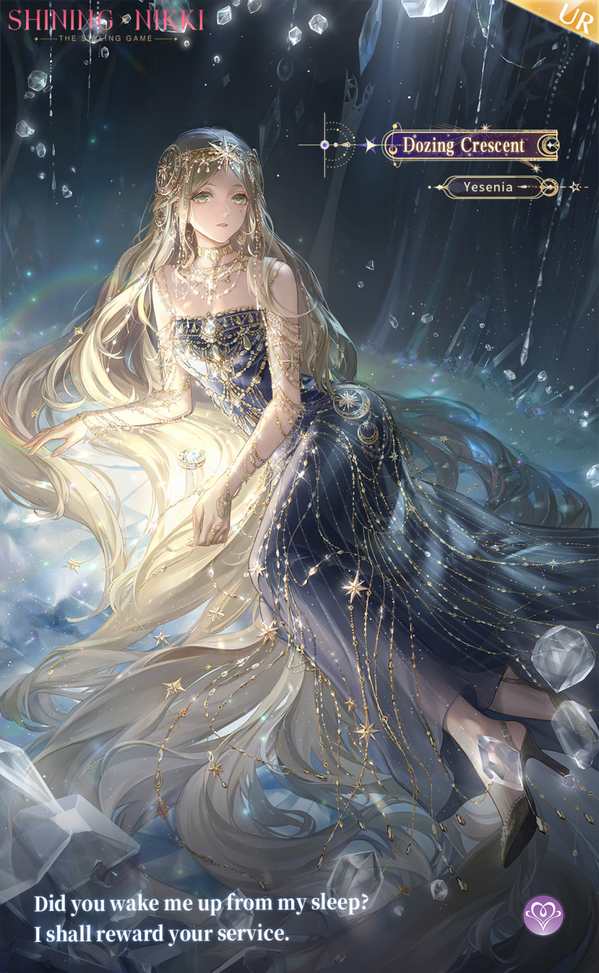 1girl, absurdly_long_hair, artist_request, bare_shoulders, black_dress, blonde_hair, bracelet, chain, character_name, chest_jewel, circlet, collarbone, commentary, copyright_name, crystal, dozing_crescent_(shining_nikki), dress, english_commentary, english_text, expressionless, eyelashes, foot_out_of_frame, gem, gold_armlet, gold_bracelet, gold_chain, gold_circlet, gold_necklace, gown, green_eyes, grey_shoes, hair_ornament, hair_spread_out, high_heels, highres, jewelry, light_particles, lipstick, logo, long_dress, long_hair, looking_at_viewer, lying, makeup, multiple_bracelets, necklace, night, nikki_(series), official_art, on_side, outdoors, parted_lips, rain, red_lips, shining_nikki, shoes, solo, star_(symbol), star_hair_ornament, strapless, strapless_dress, teeth, very_long_hair, wavy_hair, white_gemstone, yesenia_(shining_nikki)