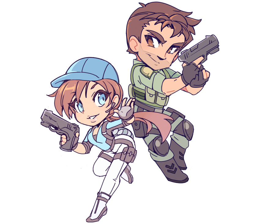 1boy, 1girl, almightychiru, black_gloves, blue_eyes, blue_hat, blue_shirt, brown_eyes