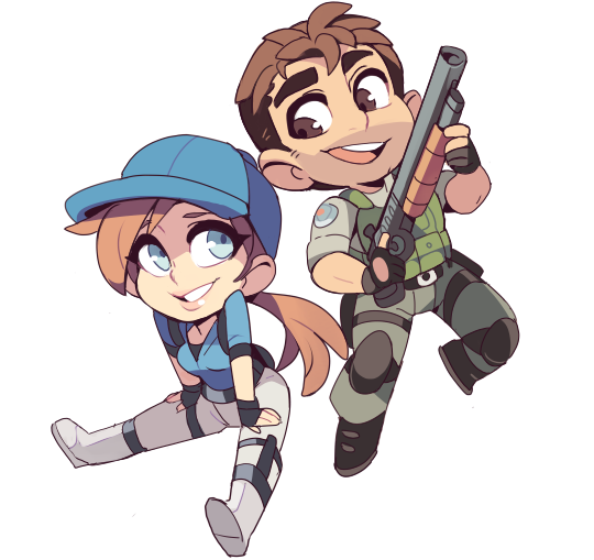 1boy, 1girl, almightychiru, black_gloves, blue_eyes, blue_hat, blue_shirt, brown_eyes, brown_hair, chibi, chris_redfield, deformed, fingerless_gloves, gloves, gun, hat, holding, holding_gun, holding_weapon, jill_valentine, long_hair, low_ponytail, pants, ponytail, resident_evil, resident_evil_5, shirt, shotgun, smile, weapon