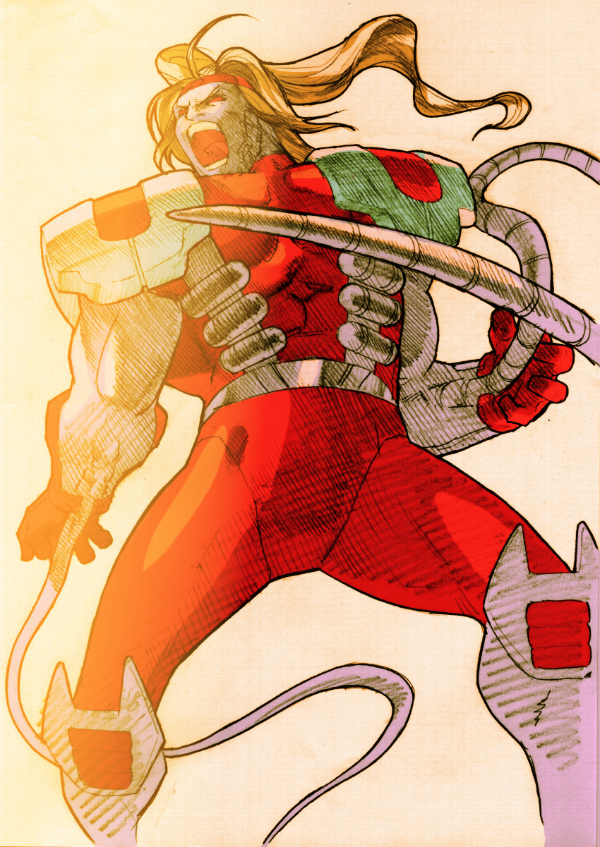 1boy, absurdres, angry, armor, bengus, blonde_hair, bodysuit, capcom