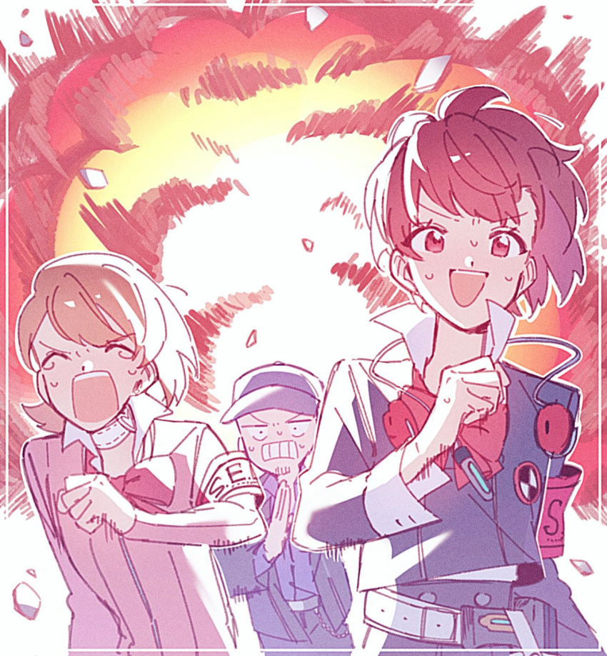 1boy, 2girls, armband, baseball_cap, black_jacket, blue_skirt, bow, bowtie, brown_hair, cardigan, choker, closed_eyes, collared_shirt, commentary_request, digital_media_player, earphones_removed, explosion, explosion_gag, gekkoukan_high_school_uniform, hat, heart, heart_choker, highres, iori_junpei, jacket, long_sleeves, multiple_girls, open_mouth, paitan1007, persona, persona_3, persona_3_portable, pink_cardigan, red_armband, red_bow, red_bowtie, red_eyes, ribbed_cardigan, running, s.e.e.s, school_uniform, shiomi_kotone, shirt, short_hair, skirt, sweat, takeba_yukari, tears, upper_body, white_choker, white_shirt