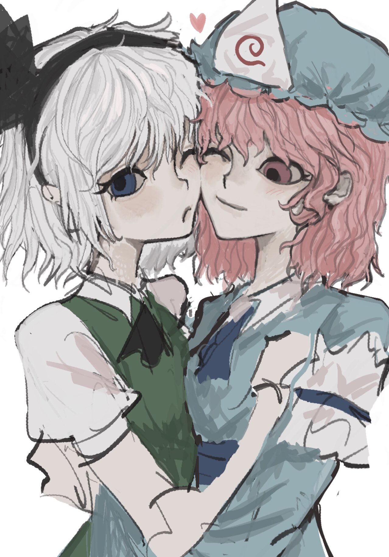 2girls, ascot, black_ascot, black_hairband, blue_eyes, blue_hat, blue_kimono, blush