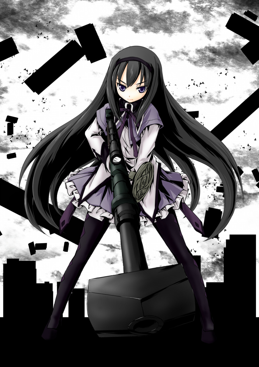 akemi_homura, anti-materiel_rifle, black_hair, gun, hairband, highres, itsuku, long_hair