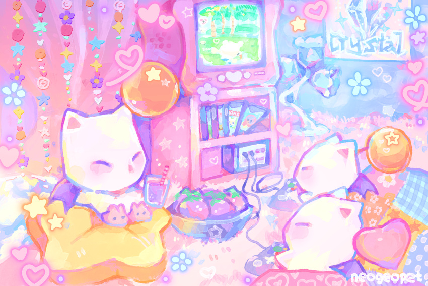 animal_ears, artist_name, bat_wings, beads, blush, bowl, closed_eyes, colorful