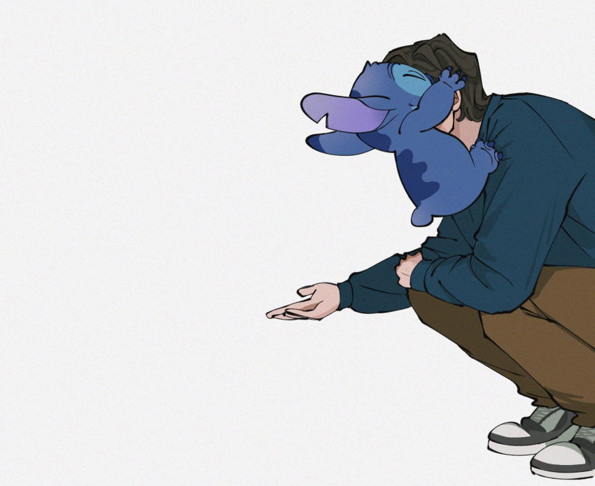 1boy, animal_ears, black_hair, blue_fur, blue_shirt, brown_pants, claws, closed_eyes
