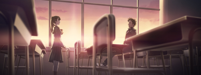 1boy, 1girl, aged_down, black_stripes, blazer, blue_jacket, blue_sailor_collar, blue_skirt