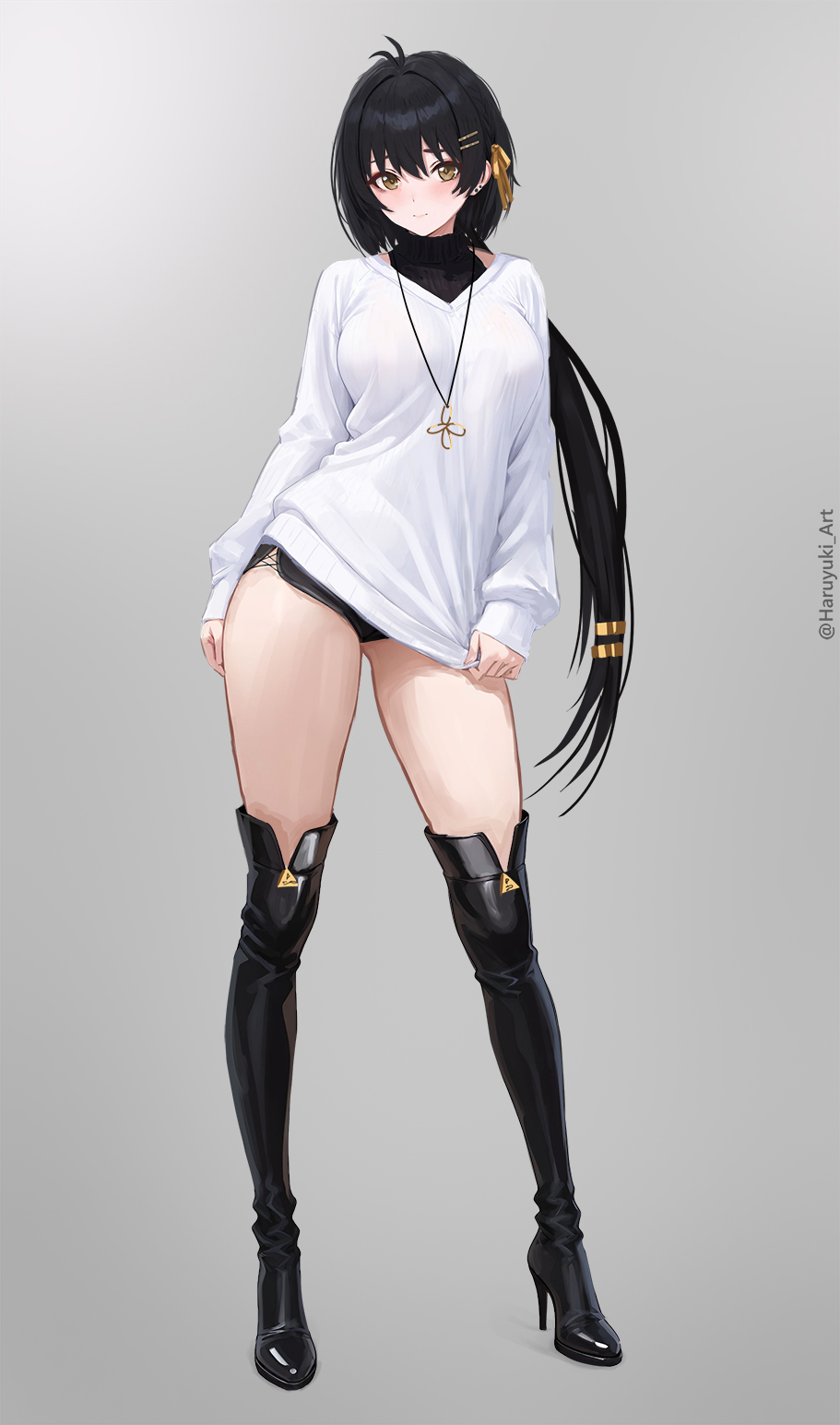 1girl, alternate_costume, black_boots, black_hair, blush, boots, breasts, english_commentary, female_rover_(wuthering_waves), full_body, grey_background, haruyuki_(karem), high_heel_boots, high_heels, highres, jewelry, long_hair, long_sleeves, looking_at_viewer, necklace, rover_(wuthering_waves), shirt, simple_background, solo, white_shirt, wuthering_waves, yellow_eyes