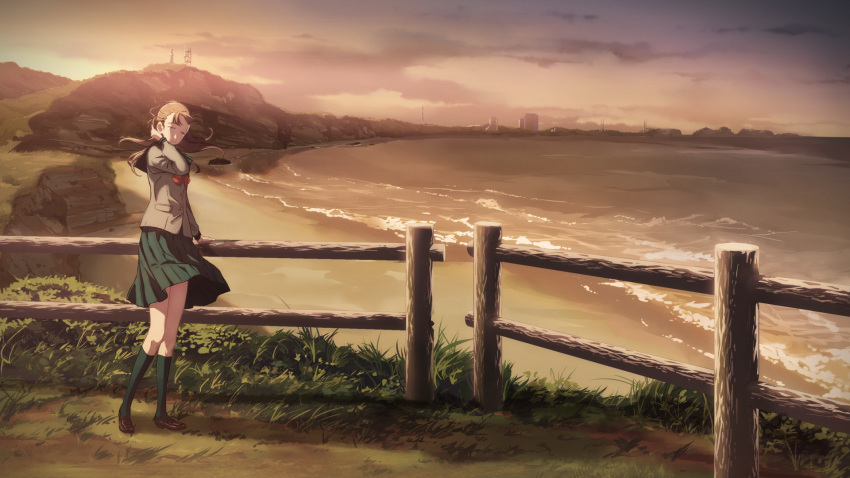 1girl, against_fence, aged_down, beach, black_ribbon, black_stripes, blazer, blue_sailor_collar