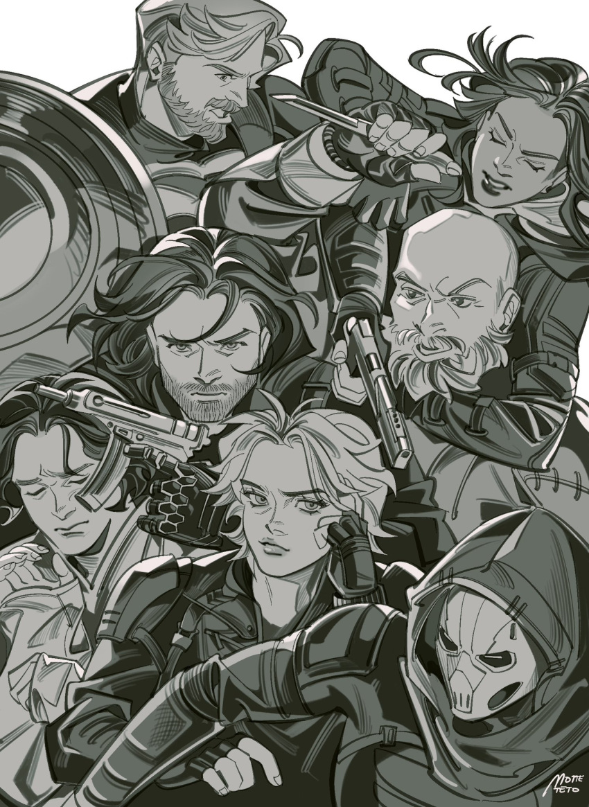 3girls, 4boys, arm_around_neck, artist_name, bald, beard, bodysuit, bucky_barnes, closed_eyes, closed_mouth, dagger, dark-skinned_female, dark_skin, english_commentary, facial_hair, father_and_daughter, fingerless_gloves, fingernails, floating_hair, gauntlets, ghost_(marvel), gloves, greyscale, gun, hand_on_own_head, hand_up, handgun, highres, holding, holding_dagger, holding_gun, holding_knife, holding_shield, holding_weapon, hood, john_walker_(marvel), knife, lips, long_hair, long_sleeves, looking_at_viewer, marvel, marvel_cinematic_universe, mask, monochrome, motteteto, multiple_boys, multiple_girls, prosthesis, prosthetic_arm, red_guardian_(marvel), sentry_(marvel), shield, shirt, short_hair, simple_background, smile, striped_bodysuit, superhero_costume, taskmaster, teeth, thunderbolts_(movie), upper_body, v-shaped_eyebrows, wavy_hair, weapon, winter_soldier, yelena_belova