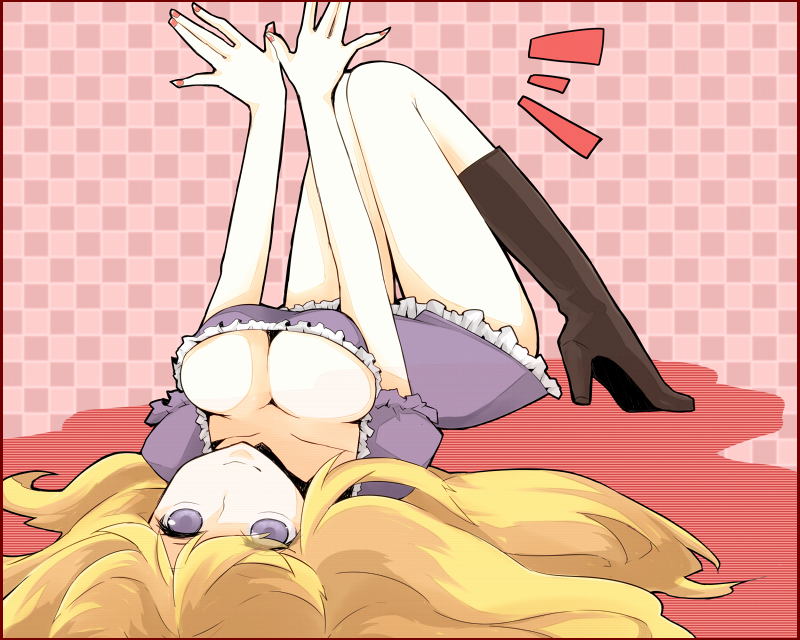 alternate_hairstyle, blonde_hair, boots, breasts, checkered, checkered_background, cielo_oceano, cleavage