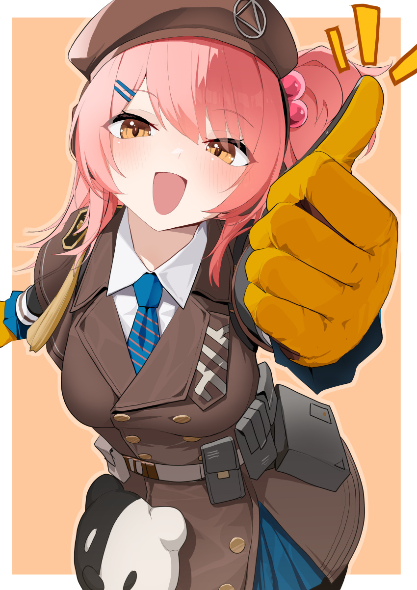 1girl, absurdres, animal_bag, beret, blue_necktie, blush, brown_background, brown_eyes