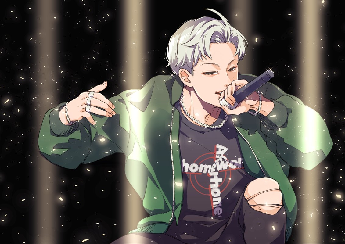 1boy, azco_azconia, black_pants, black_shirt, bracelet, commentary, green_jacket, grey_hair