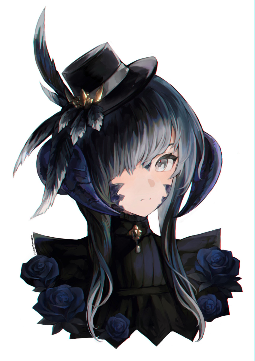 1girl, absurdres, artist_name, au_ra, black_hair, black_hat, black_shirt, coconutcatcat