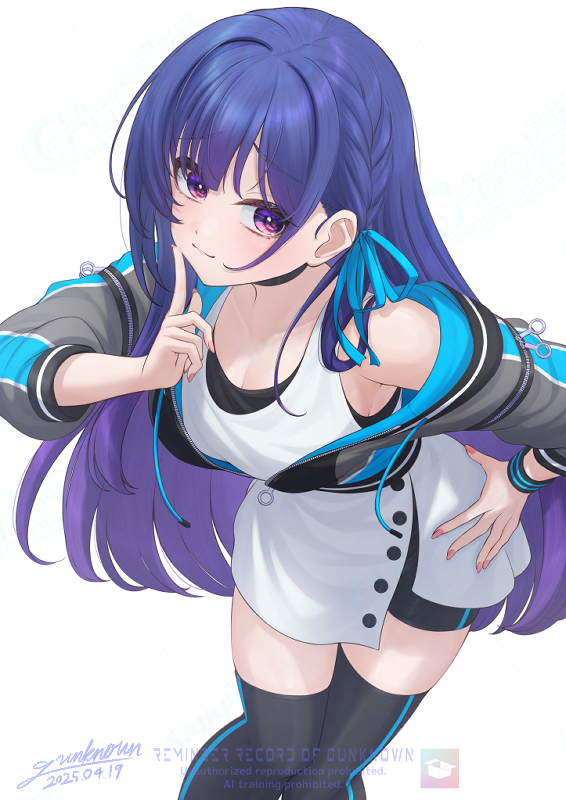 1girl, armpit_peek, colored_inner_hair, gunknown, idolmaster, idolmaster_va-liv, kamizuru_cosmo, long_hair, multicolored_hair, single_bare_shoulder, streamers, thigh-highs, two-tone_hair, virtual_youtuber
