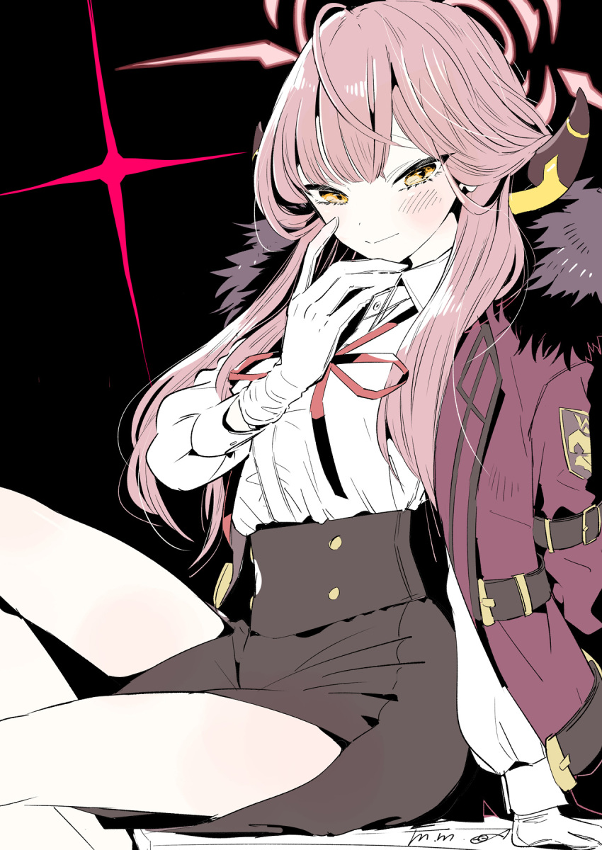 1girl, aru_(blue_archive), black_skirt, blue_archive, blush, coat, coat_on_shoulders, demon_horns