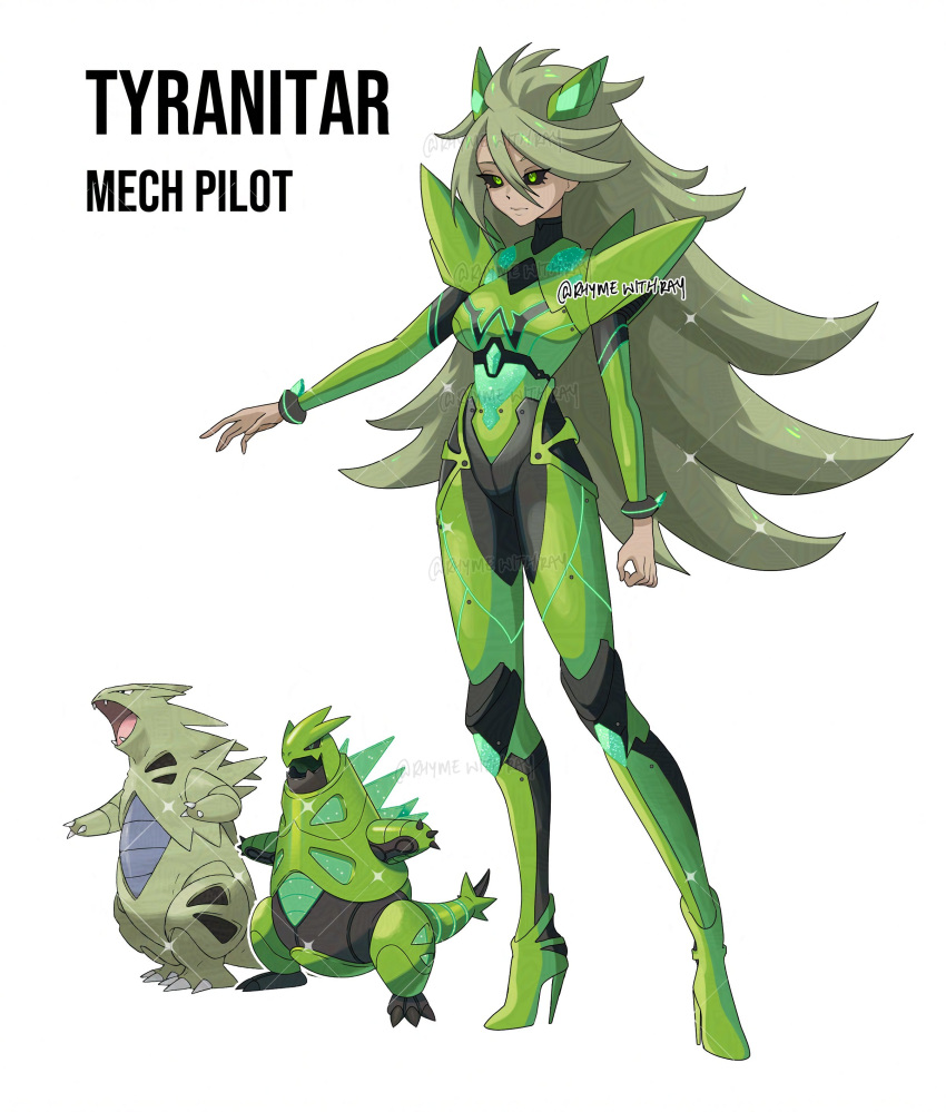 1girl, absurdres, armor, black_bodysuit, black_sclera, bodysuit, breasts, character_name, colored_sclera, creature_and_personification, expressionless, eyelashes, full_body, green_bodysuit, green_eyes, green_hair, green_horns, hand_up, high_heels, highres, horns, humanization, iron_thorns, long_hair, mecha_pilot_suit, neon_trim, official_art_inset, outstretched_hand, pauldrons, personification, pokemon, reference_inset, rhymewithray, shoulder_armor, solo, spiky_hair, standing, two-tone_bodysuit, tyranitar