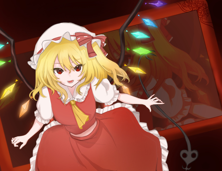 1girl, absurdres, ascot, blonde_hair, collared_shirt, fang, flandre_scarlet, frilled_hat
