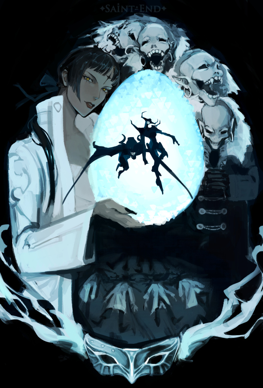 1girl, 6+others, akuma_(d.gray-man), bald, black_background, black_coat, black_gloves, black_hair