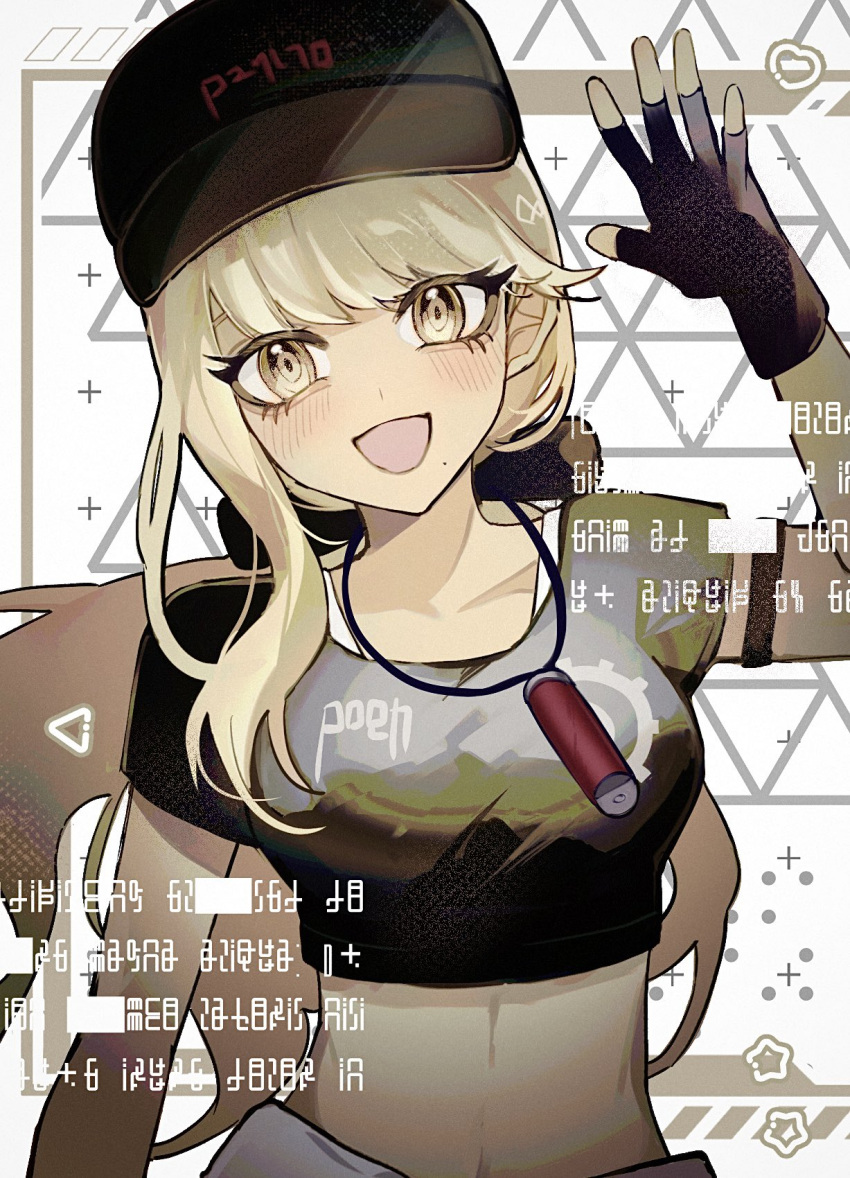 1girl, :d, aorapium, arm_strap, arm_up, black_gloves, black_hat, blonde_hair, blush, crop_top, fingerless_gloves, gloves, hat, highres, jewelry, kawana_tsubasa, long_hair, midriff, necklace, ponytail, smile, solo, the_hundred_line_-last_defense_academy-, upper_body, waving, white_background, yellow_eyes