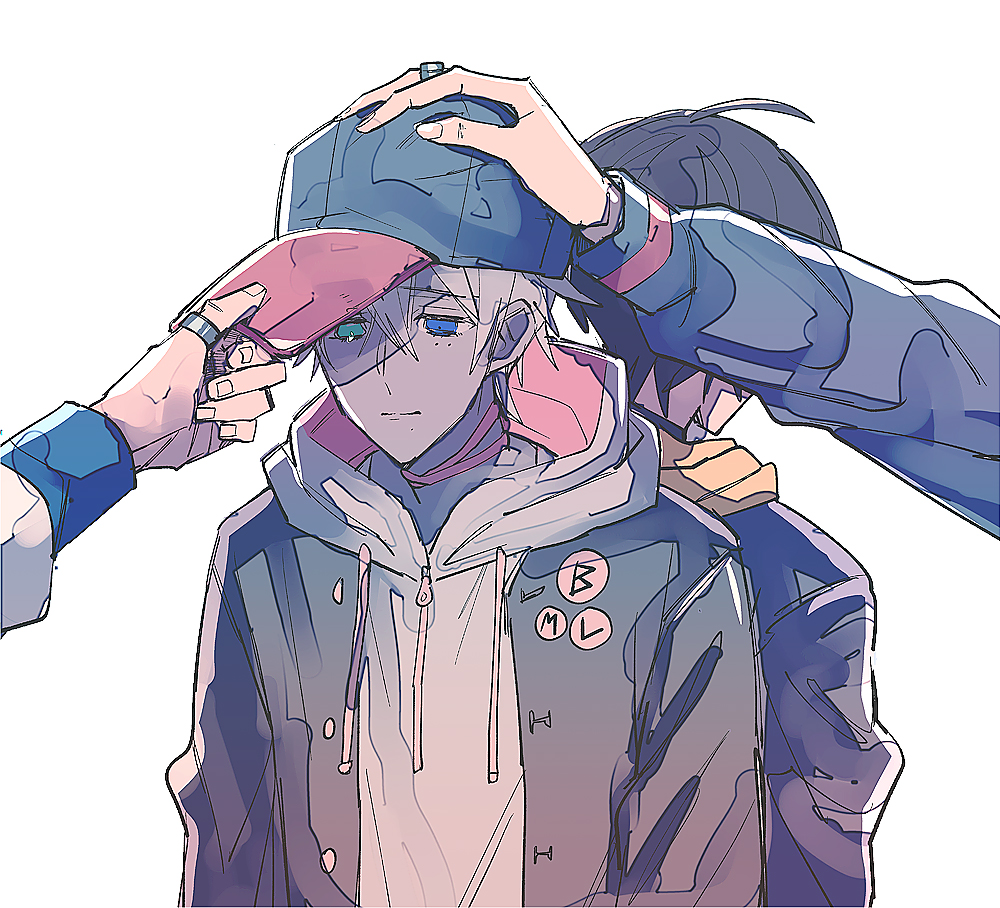 4boys, adjusting_clothes, adjusting_headwear, ahoge, arms_at_sides, back-to-back, badge, baseball_cap
