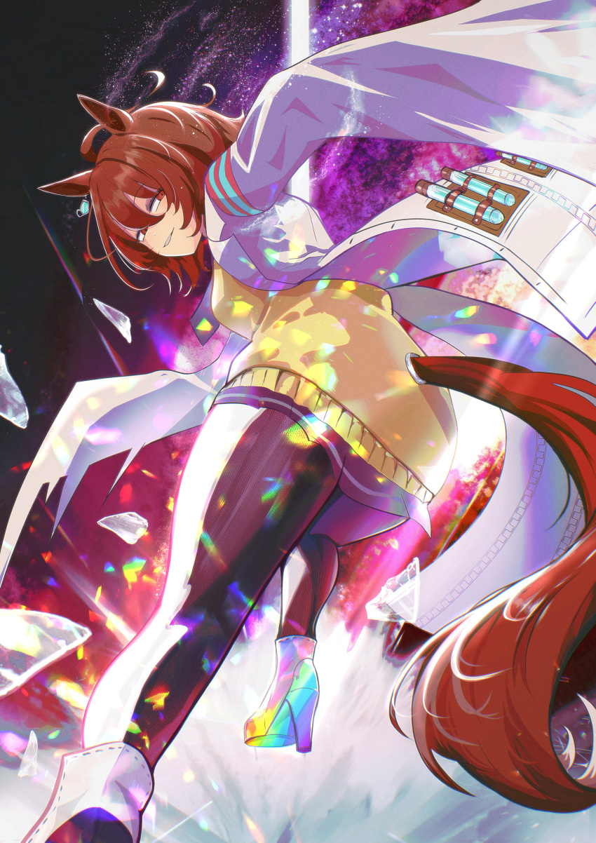 1girl, abstract_background, absurdres, agnes_tachyon_(umamusume), ahoge, animal_ears, boots, chemical_structure