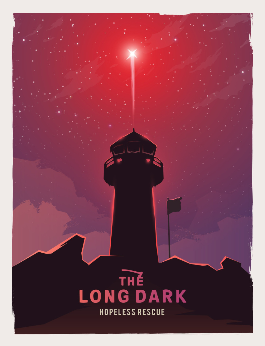 absurdres, copyright_name, flare, flat_chest, highres, lighthouse, mikalaimanyshau, night, night_sky, no_humans, rock, scenery, sky, star_(sky), starry_sky, the_long_dark