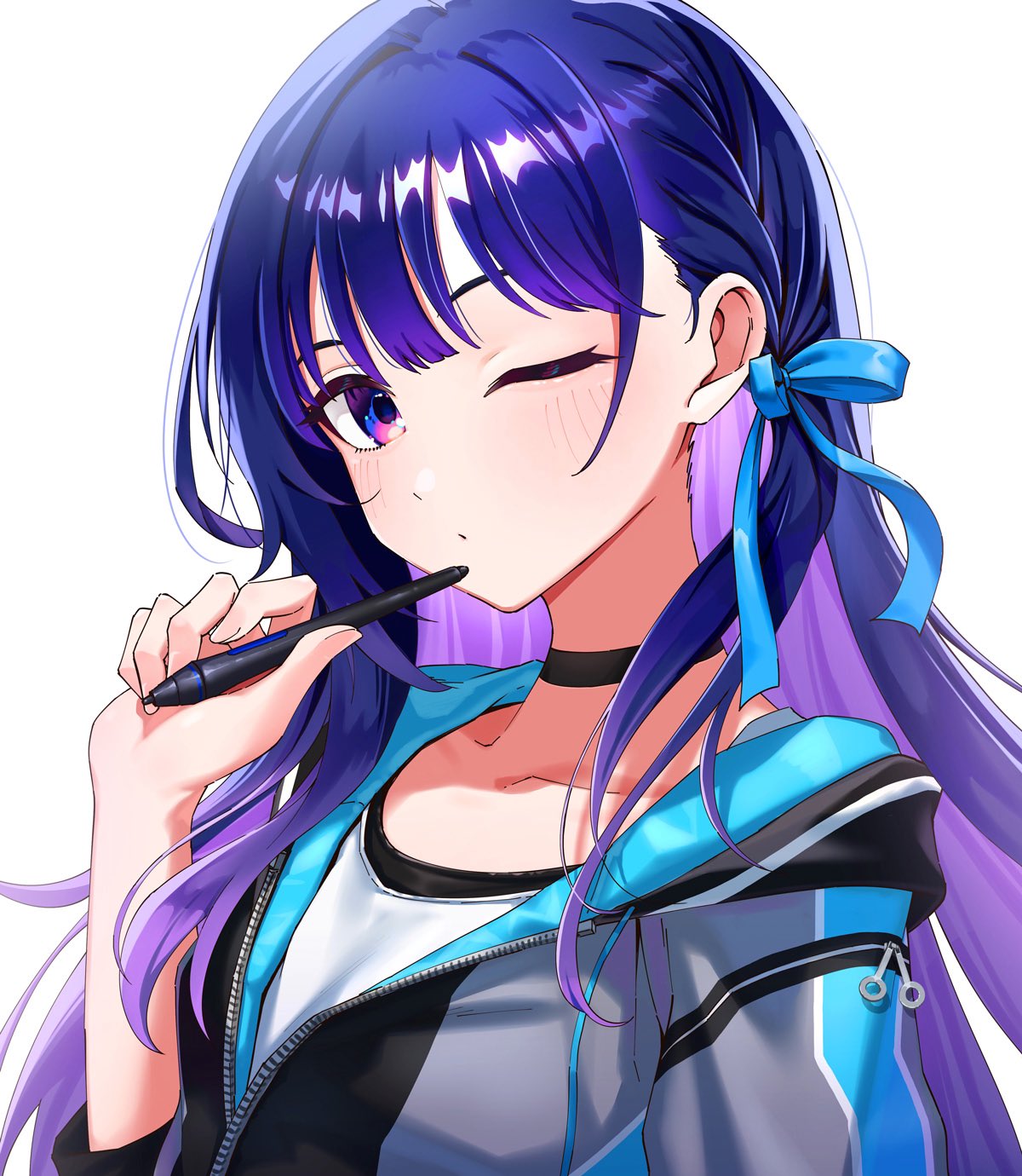 1girl, colored_inner_hair, highres, holding, holding_pen, idolmaster, idolmaster_va-liv, kaiso_(kaisooekaki), kamizuru_cosmo, long_hair, multicolored_hair, one_eye_closed, pen, simple_background, streamers, two-tone_hair, virtual_youtuber
