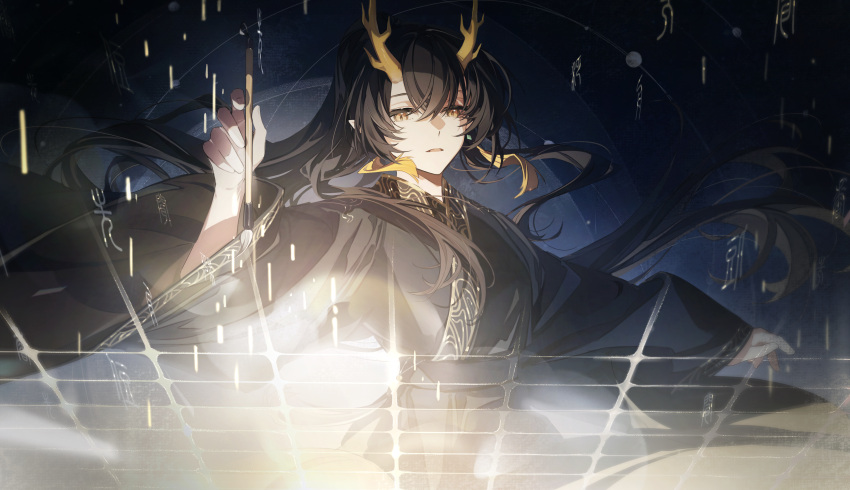 1girl, absurdres, arknights, black_hair, black_kimono, chinese_commentary, commentary_request, crossed_bangs, earrings, floating_hair, hair_between_eyes, highres, holding, holding_paintbrush, japanese_clothes, jewelry, jianbing_guozi, jie_(arknights), kimono, long_hair, long_sleeves, magic, open_mouth, paintbrush, solo, upper_body, wide_sleeves, yellow_eyes