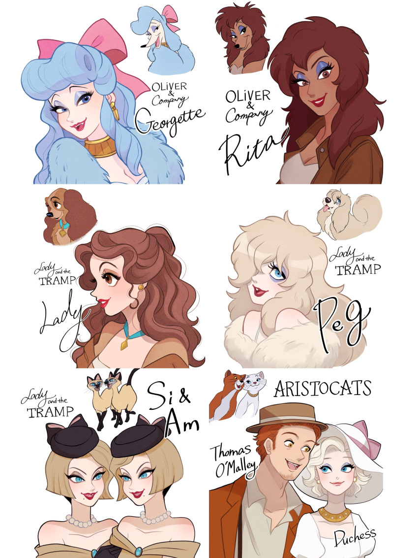 1boy, 6+boys, absurdres, animal, bare_shoulders, blonde_hair, blue_eyes, blue_eyeshadow, blue_hair, brown_hair, cat, copyright_name, dog, duchess_(disney), earrings, eyeshadow, facial_hair, georgette_(oliver_&amp;_company), goatee_stubble, hair_over_one_eye, half_updo, hat, highres, humanization, jacket, jewelry, lady_and_the_tramp, looking_at_viewer, makeup, moko_eaka, mole, multiple_boys, necklace, oliver_&amp;_company, open_mouth, orange_hair, pearl_necklace, purple_eyeshadow, rita_(oliver_&amp;_company), short_hair, siblings, simple_background, smile, stubble, the_aristocats, thomas_o'malley, twins, white_background, white_hat