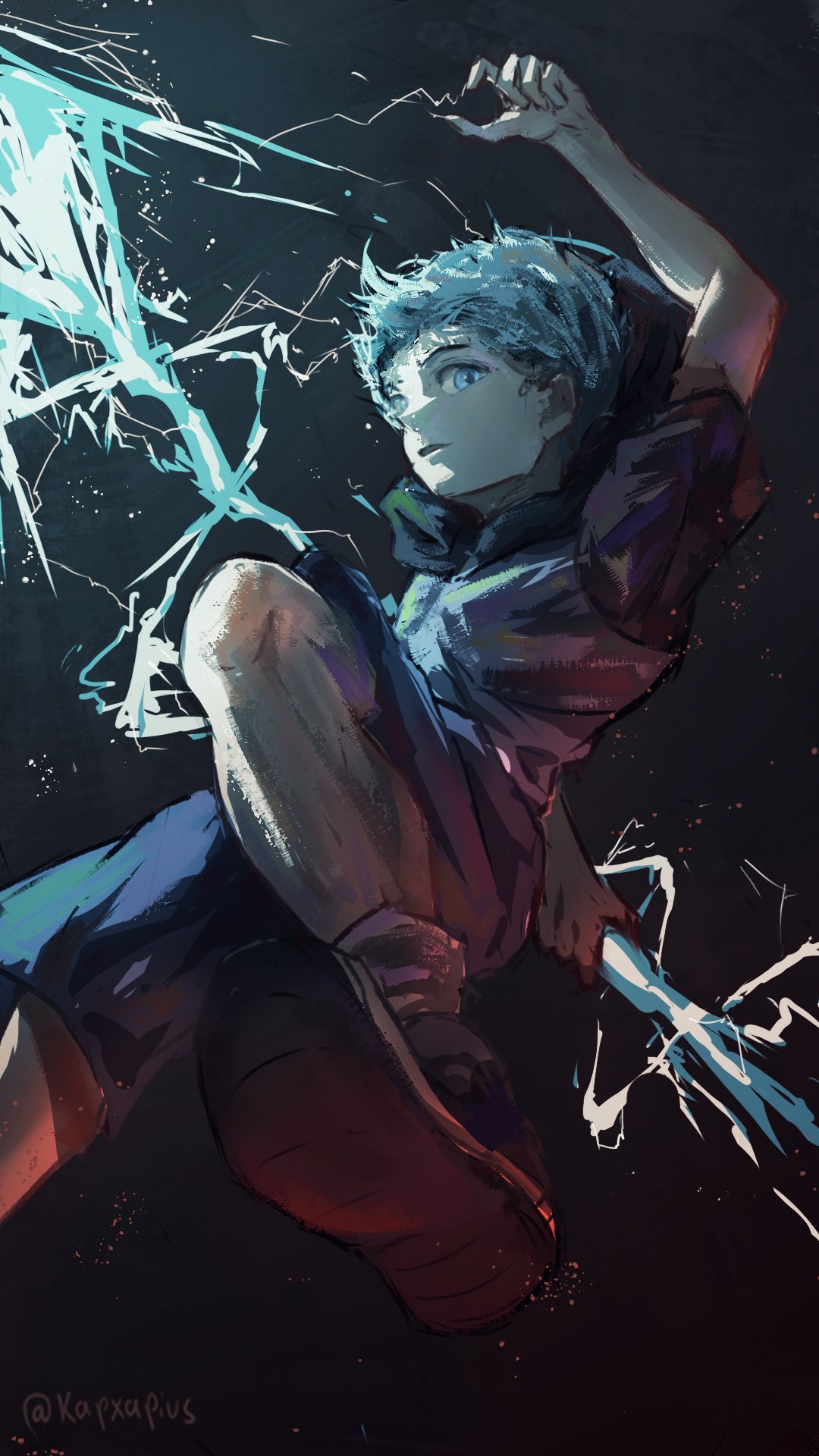 1boy, bishamonten's_spear, blue_eyes, blue_hair, blue_hoodie, blue_shirt, blue_shorts, energy_spear, energy_weapon, highres, holding, holding_weapon, hood, hoodie, incoming_attack, kapxapius, khun_ran, lightning, looking_at_viewer, male_focus, open_mouth, original, polearm, shirt, shoes, shorts, sidelighting, signature, simple_background, socks, solo, spear, tower_of_god, twitter_username, weapon, white_socks
