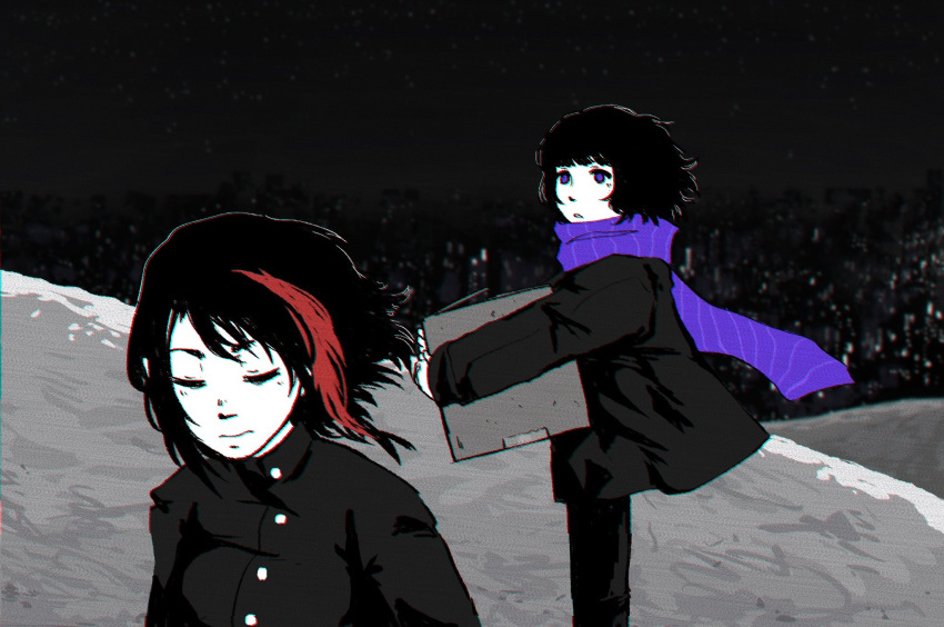 1girl, 1other, black_coat, black_hair, black_pants, black_sky, box, closed_eyes