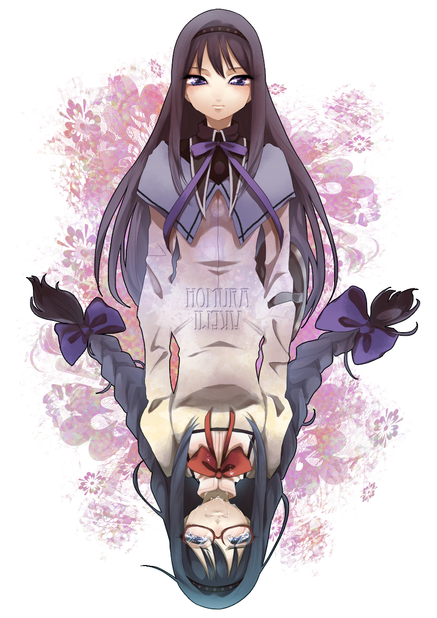 akemi_homura, bad_id, black_hair, braid, dual_persona, glasses, hairband, highres