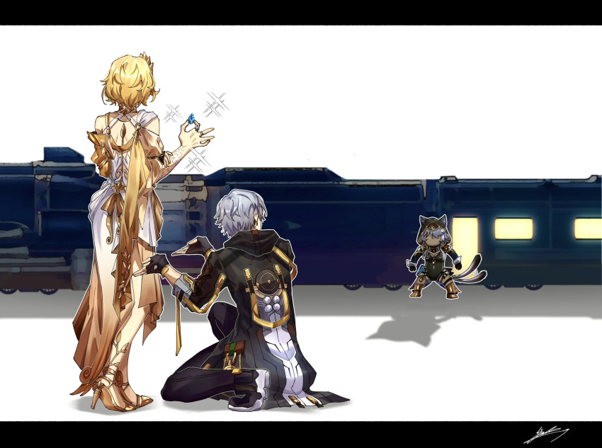1boy, 2girls, aglaea_(honkai:_star_rail), astral_express_(honkai:_star_rail), black_coat, blonde_hair, caelus_(honkai:_star_rail), cipher_(honkai:_star_rail)