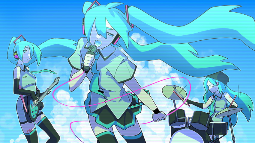 3girls, aqua_necktie, bare_shoulders, beanie, black_gloves, blue_eyes, blue_hair, blue_sky