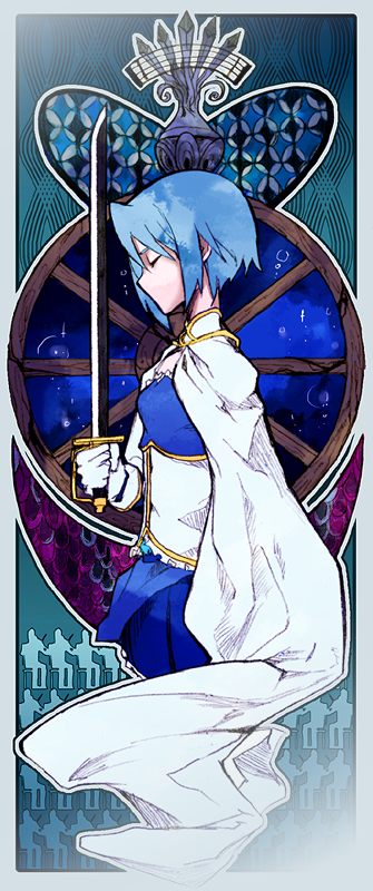 blue_hair, cape, holger_(madoka_magica), magical_girl, mahou_shoujo_madoka_magica, miki_sayaka, oktavia_von_seckendorff, spoilers