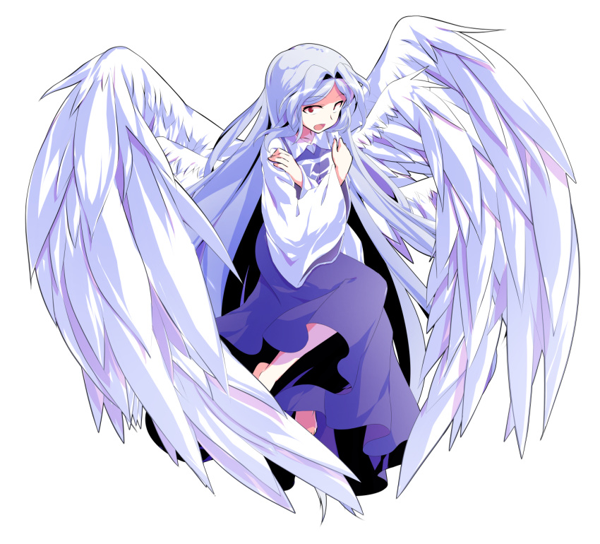 1girl, alphes_(style), angel_wings, arms_across_body, barefoot, blue_dress, blue_hair, collared_shirt