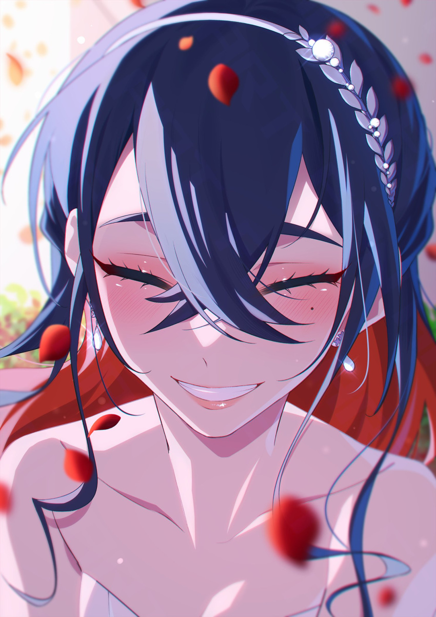 1girl, bare_shoulders, black_hair, blush, bride, carmine_(pokemon), collarbone, colored_inner_hair
