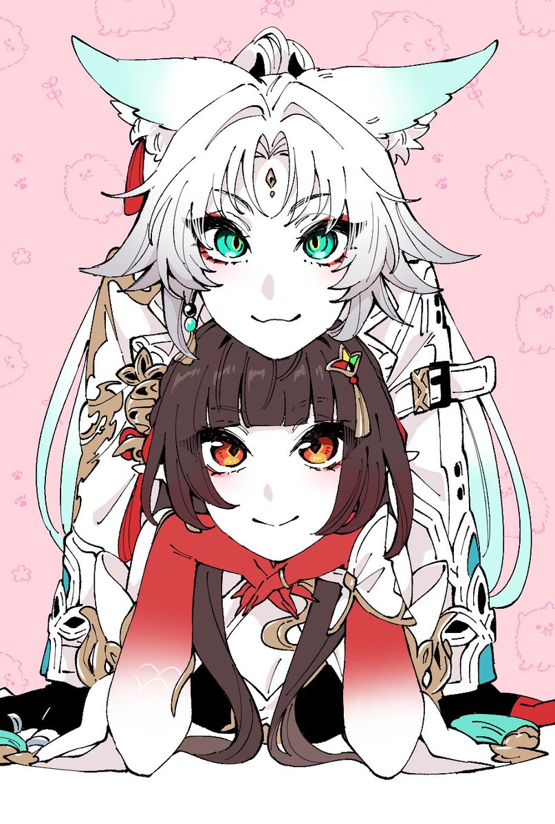 2girls, :3, animal_ears, aqua_eyes, ayunyan_pere, blunt_bangs, brown_hair, closed_mouth, colored_skin, diamond-shaped_pupils, diamond_(shape), dragon_girl, elbows_on_table, eyeshadow, feixiao_(honkai:_star_rail), forehead_jewel, fox_ears, fox_girl, hands_on_own_chin, head_on_head, head_rest, honkai:_star_rail, honkai_(series), jacket, lingsha_(honkai:_star_rail), long_hair, looking_ahead, looking_at_viewer, makeup, medium_hair, multicolored_eyes, multiple_girls, orange_eyes, pink_background, red_eyes, red_eyeshadow, ringed_eyes, scales, smile, spiky_hair, symbol-shaped_pupils, white_hair, white_jacket, white_skin