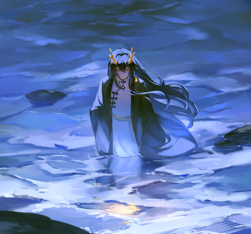 1girl, arknights, black_hair, black_robe, chinese_commentary, closed_mouth, commentary_request, dress