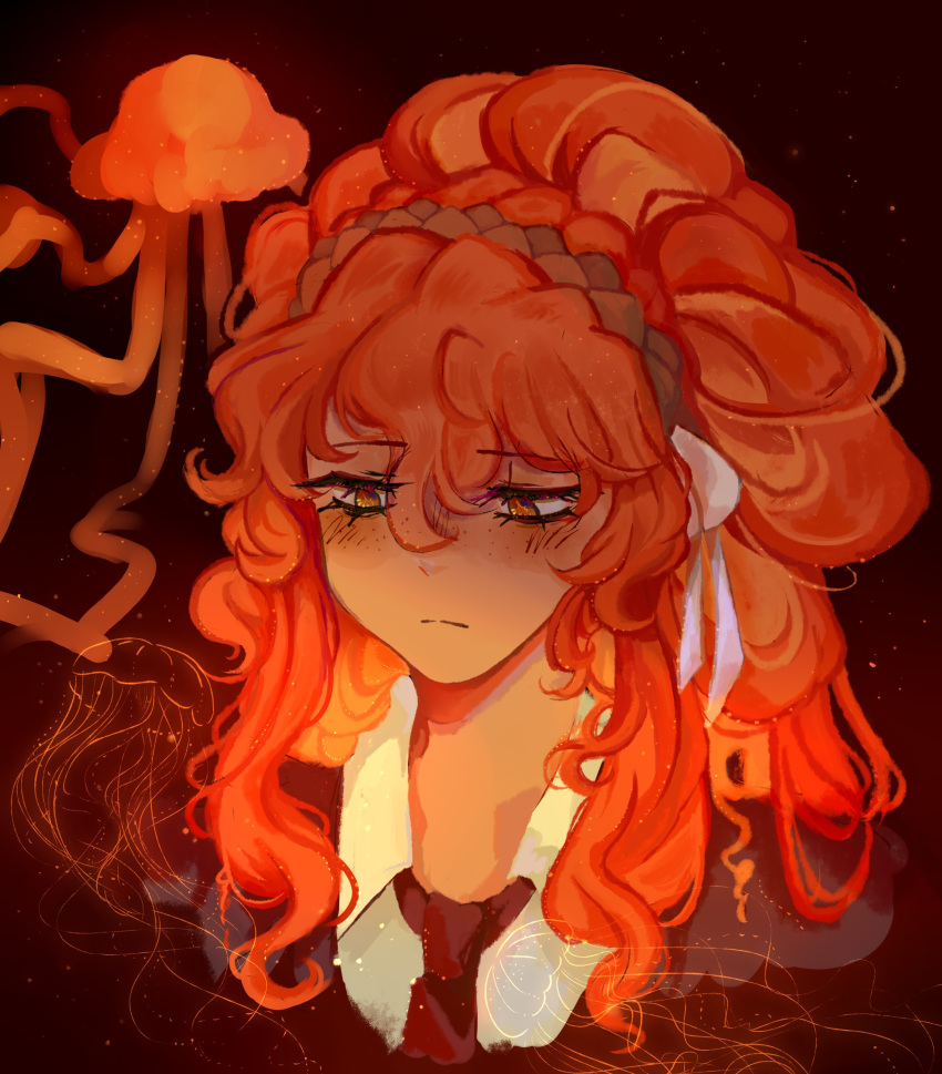 1girl, absurdres, alternate_hairstyle, animanima, bow, brown_background, brown_hairband, collared_shirt, freckles, hair_bow, hairband, half_updo, highres, ishmael_(project_moon), jellyfish, limbus_company, long_hair, looking_at_viewer, necktie, orange_eyes, orange_hair, project_moon, red_necktie, shirt, simple_background, solo, upper_body, very_long_hair, white_bow, white_shirt