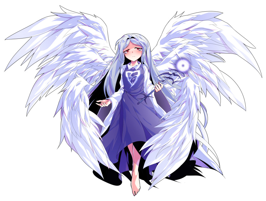 1girl, alphes_(style), angel, angel_wings, barefoot, blue_hair, blush, breasts