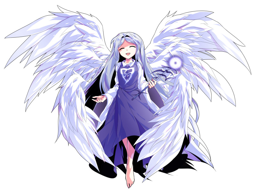 1girl, ^_^, alphes_(style), angel, angel_wings, barefoot, blue_hair, breasts